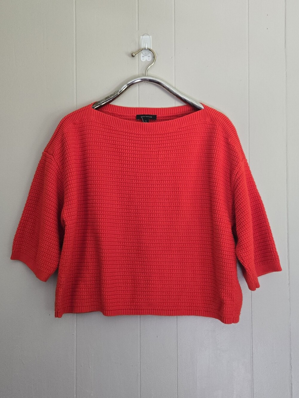 Ann Taylor Half Sleeve Sweater Orange Red Textured Boatneck Coastal Preppy XXL
